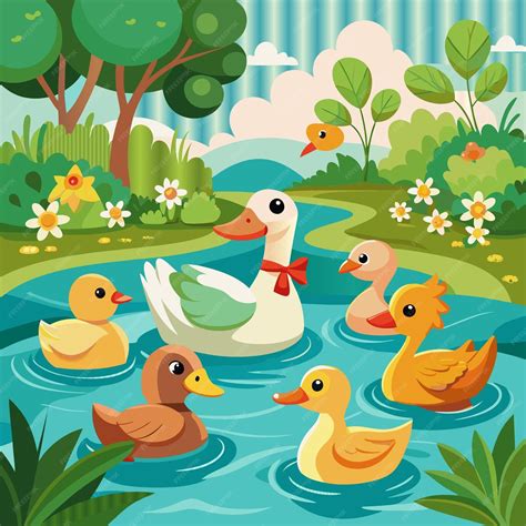 A cartoon illustration of ducks swimming in a pond with flowers and ...