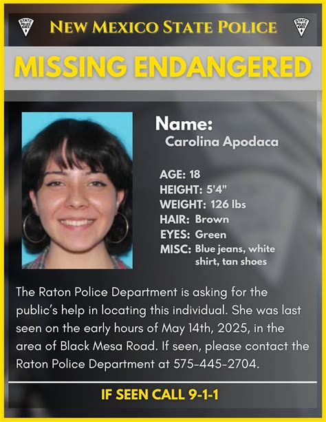 Missing Endangered Advisory- Raton Police Department - NM Department of ...