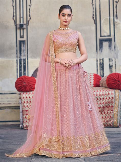 Buy Attractive Pink Blush Soft Net Golden Embroidered Wedding Wear ...