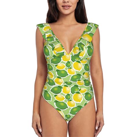 One Piece Swimsuits Women Tummy Control, Cartoon Green Yellow Lemon ...