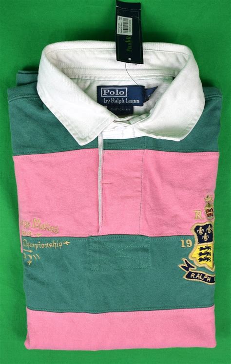 "Polo Ralph Lauren Pink/ Green Rugby Stripe Twill Sport Shirt" Sz L (N