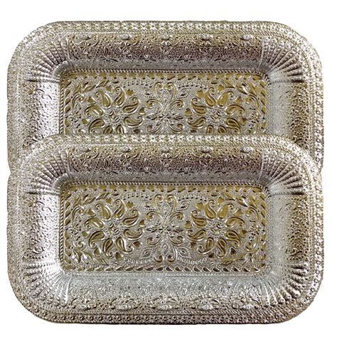 Madhuli Floral Design Serving Tray - Plastic Silver Finish Rectangle ...
