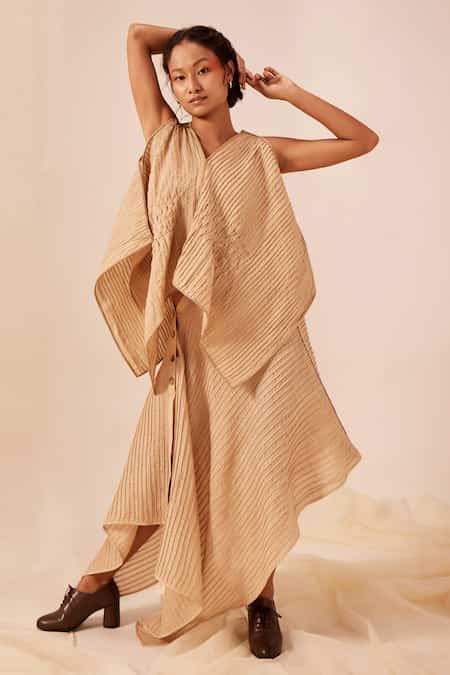 Buy Beige Tussar Silk Embroidery Cord V Neck Poncho Top For Women by Ek ...