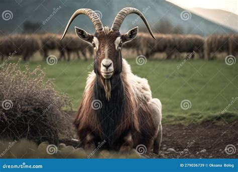 Goats with Horns Stands on a Path. Stock Image - Image of horned, horn ...