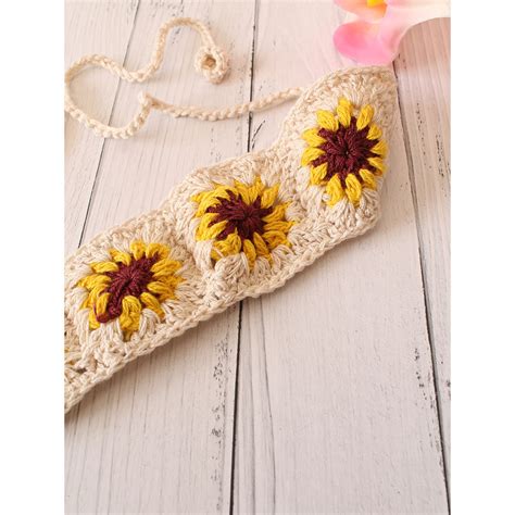 Buy Velvery Crochet Cream Granny Square Stitch Cotton Headband Online