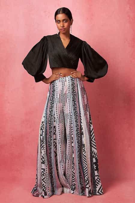 Buy Multi Color Satin Embroidery, Sequins V-neck Balloon Sleeve Top ...