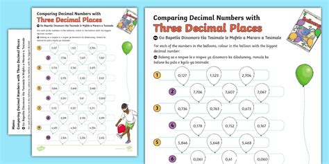 Comparing Decimal Numbers with Three Decimal Places Activity Sheet Sepedi