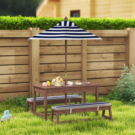 Qaba, Kids Picnic Table, Navy Blue, Outdoor Wooden Set with Umbrella ...