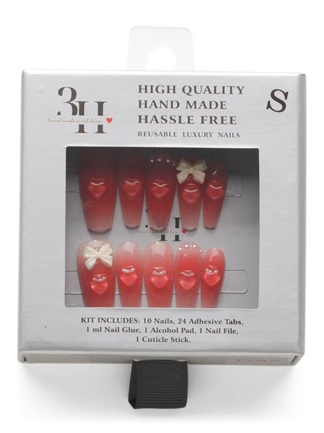 Tjmaxx 10ct Handmade Embellished Hearts With Bow Press On Nails For Women In Red | ModeSens