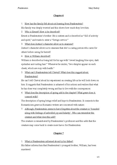 frankenstein Chapter 6 and Chapter 7 - Frankenstein Mary Shelley ...