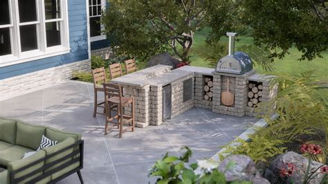 L-Shaped Outdoor Kitchen Layout with Wood-Fired Pizza Oven and Bar