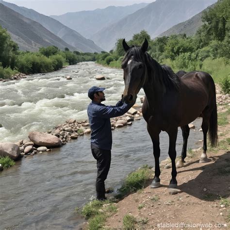 Man and Horse by Qarachay River | Stable Diffusion Online