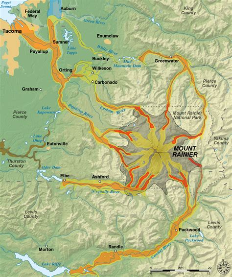 Hazard map showing lahar (volcanic flood) paths after an eruption of ...