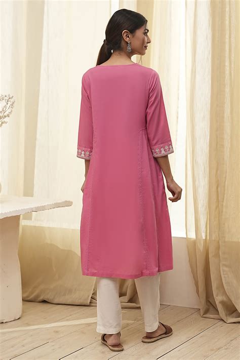 Buy Pink Cotton Embroidered A-Line Kurta Online at Biba India