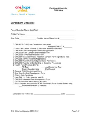 Fillable Online Enrollment Checklist OHU 900A - One Hope United Fax ...