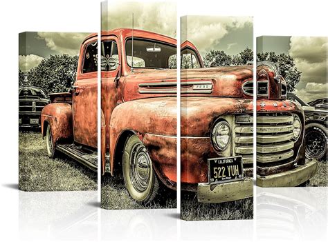 Amazon.com: VANSEEING 4 Panel Vintage Car Wall Art Classic Car in the Field Wall Decor Red Metal ...