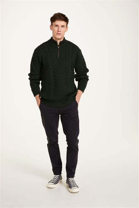 Ballycroy Mens Aran Half Zip Sweater - Forest Green