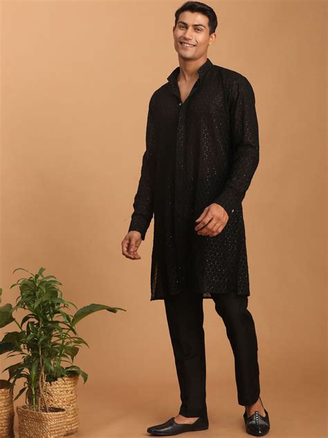 VASTRAMAY Embroidered Sequinned Mandarin Collar Kurta with Pyjamas ...
