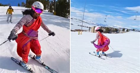 Woman Skis Down Icy Slope In Traditional Saree