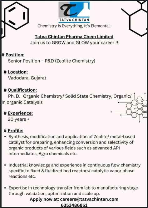 Tatva chintan Pharma Chem Limited Gujarat jobs for R&D apply now