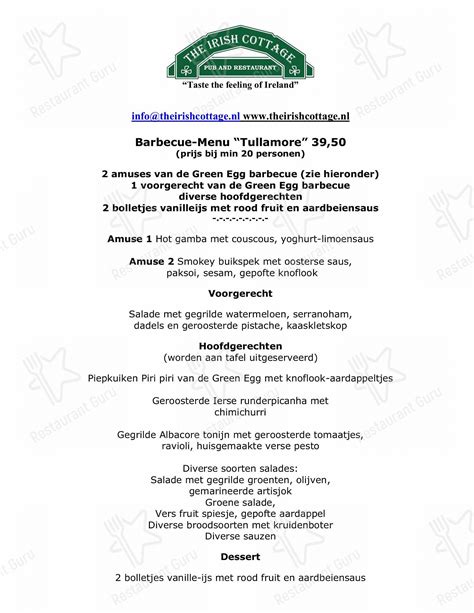Menu at The Irish Cottage, Oude Niedorp