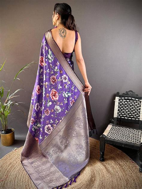 Lavender Satin Silk Floral Print Saree Online Vastranand