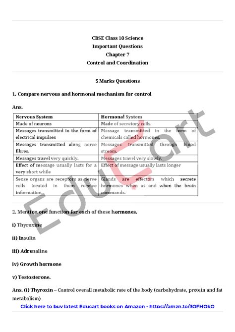 5 marks(Control and Coordination) - CBSE Class 10 Science Important ...