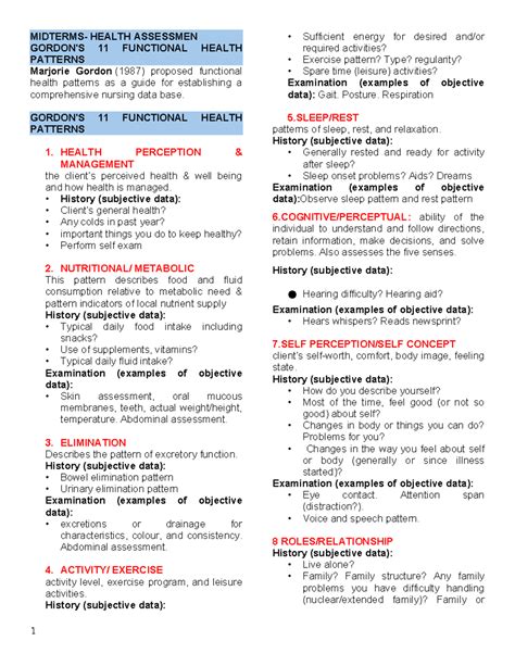 Gordon's 11 Functional Health Patterns for Health Assessment - Midterm ...