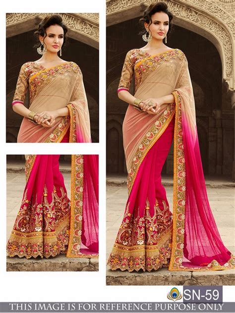 cream and pink spray georgette embroidered wedding saree