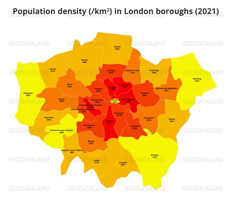Population density of London boroughs in 2021 | GEODATALAND
