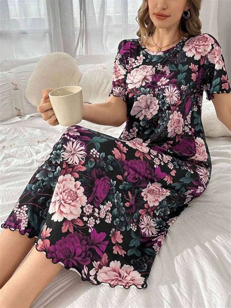 Floral Print Short Sleeve T-Shirt & Long Nightdress For Women | SHEIN USA