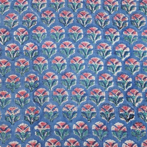 Pure Cotton Jaipuri Rust Blue With Saffron Flower Hand Block Print Fab ...