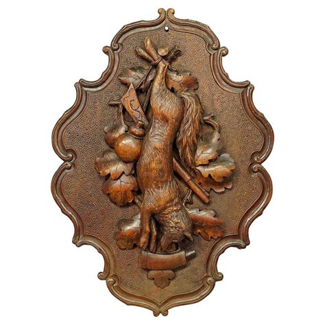Antique Wooden Carved Black Forest Game Plaque with Fox For Sale at 1stDibs