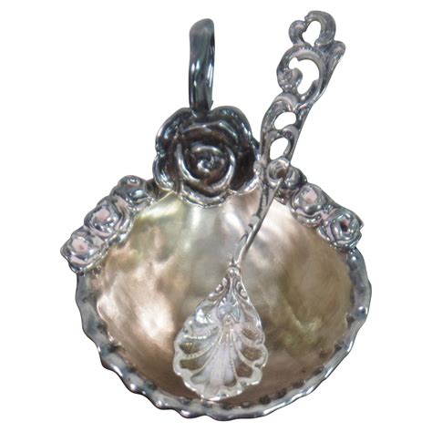 Antique Enameled Sterling Silver Salt Cellars with Spoons at 1stDibs