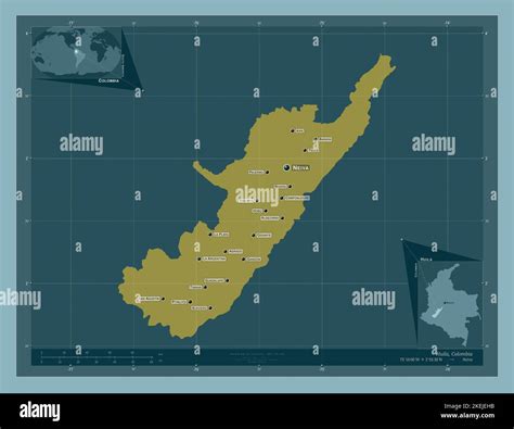 Huila, department of Colombia. Solid color shape. Locations and names of major cities of the ...