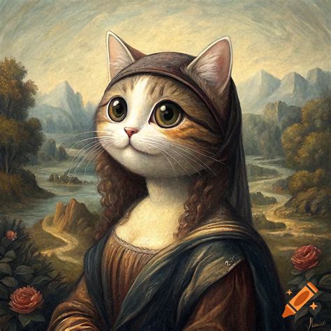 A cat's face is composited onto the body of the Mona Lisa in a painted ...