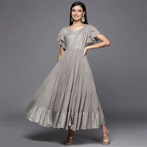 Seasonalstyle | Grey Embellished Georgette Maxi Dress