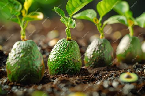 Sprouting Avocado Seeds in Rich Soil A Close Up of Young Avocado Plants ...