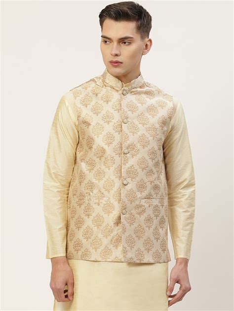 Jompers Men's Beige Printed Nehru Jacket