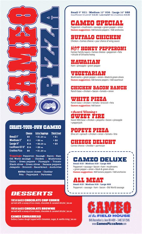 Cameo Pizza Menu in Avon, Ohio