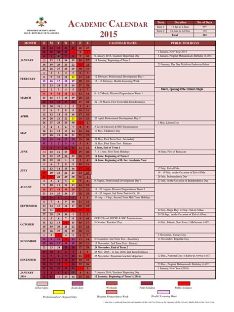 Maldives Academic Calendar 2015 | Academic Term | Schools