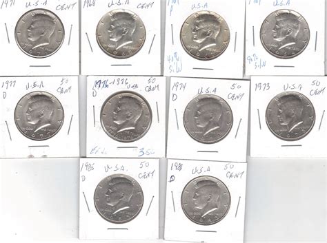 TEN Kennedy 50 Cent Pieces , 1964, 1967, 1968, 1971, 1973, 1974, 1976D ...
