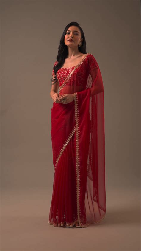 Red Satin Saree With Embroidered Mirror Blouse in 2024 | Satin saree ...