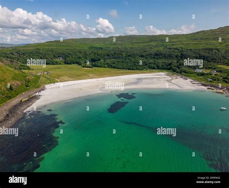 An aerial drone photo of Calgary bay on the Isle of Mull, Scotland. It ...