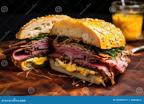 Hot Roast Beef Sandwich with a Layer of Dijon Mustard Stock Image ...
