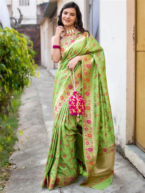 Banarasi Handloom Art Katan Silk Saree With Meena Jaal Weaving-Green ...