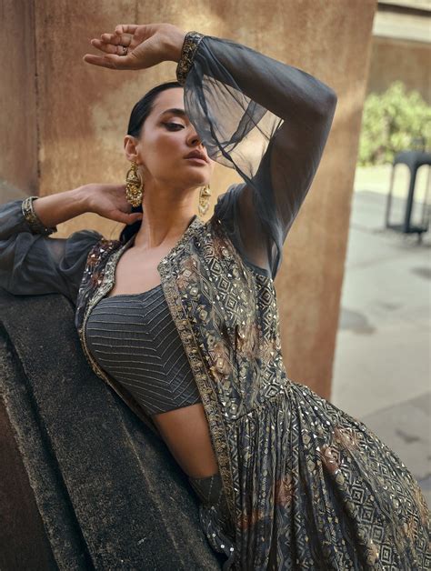 Party Wear Grey Silk Indo Western Shrug Crop Top Set | Marriage Dress