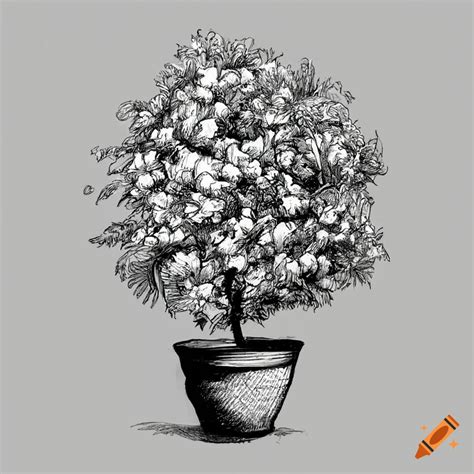 Hand sketch of a black and white Bougainvillea plant in a pot on Craiyon