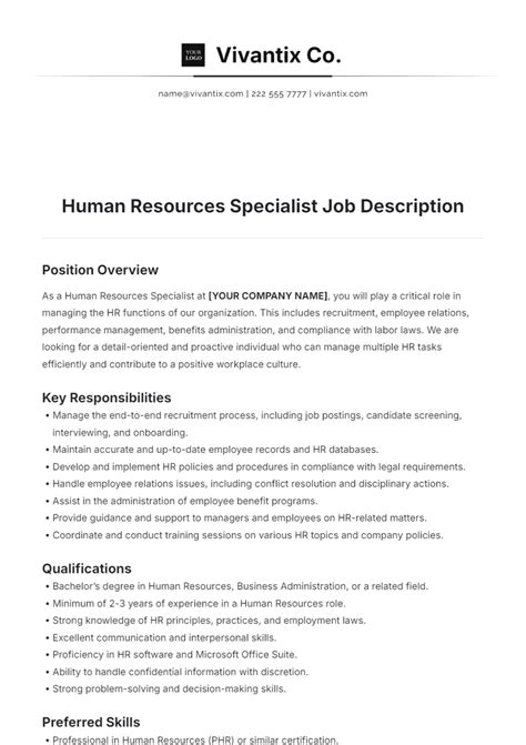 Free Human Resources Specialist Job Description Template to Edit Online