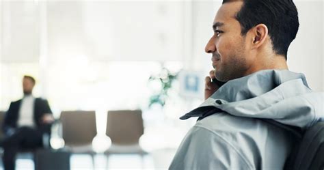 Man mobile phone and call and airport lounge for business travel ...